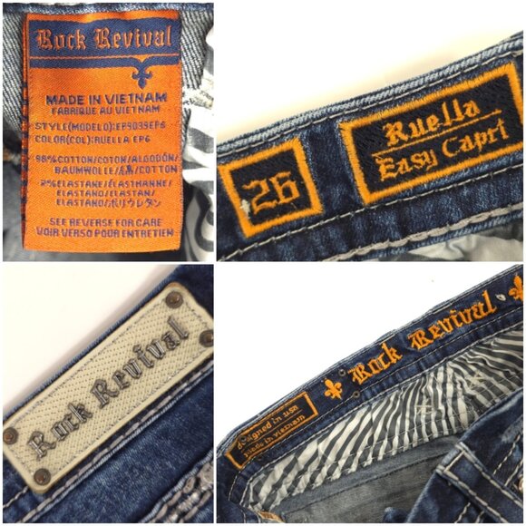 ROCK REVIVAL Ruella Rhinestone Faux Flap Pockets Easy Capri Jeans SIZE 26 30x25 - Picture 4 of 16